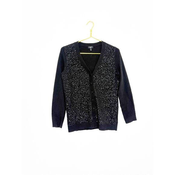NWOT Talbots Sequined Rib knit Trim Cardigan Size Small Black Wool Blend Preppy - Picture 3 of 11